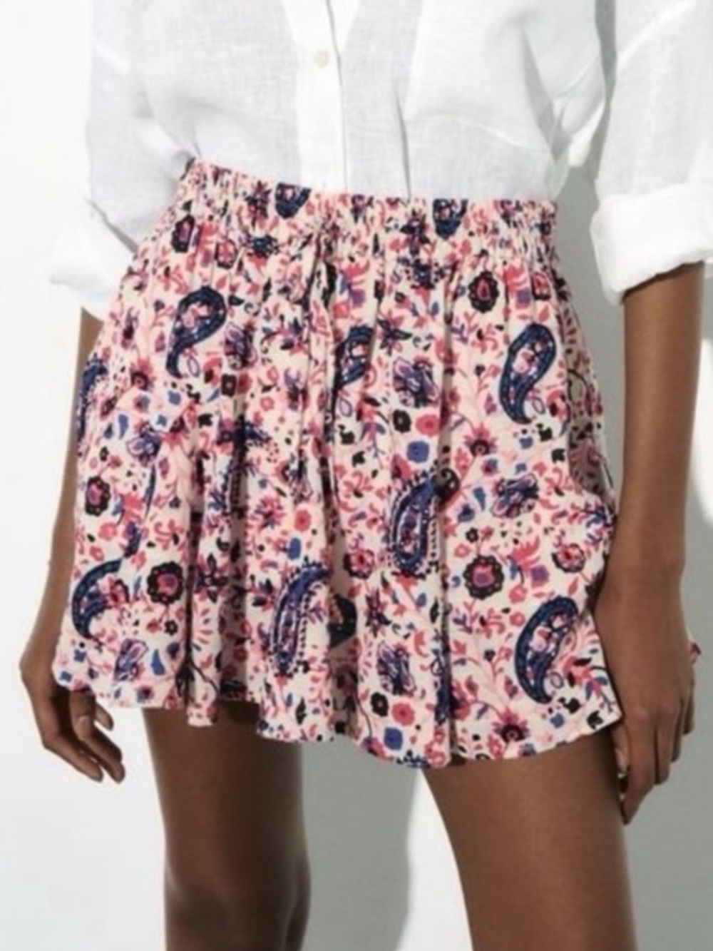 Zara Paisley Floral Mini Flutter Skirt Cotton Size Medium Elastic Waist